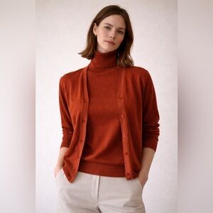 TSE Women's super pure fine wool Burnt Orange Cardigan Set